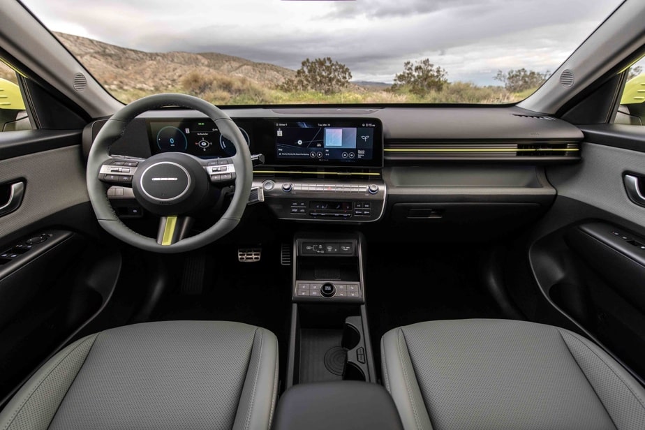 The interior of the Hyundai Kona EV.  The quality of the plastics is not that expected from a vehicle priced at this price. 